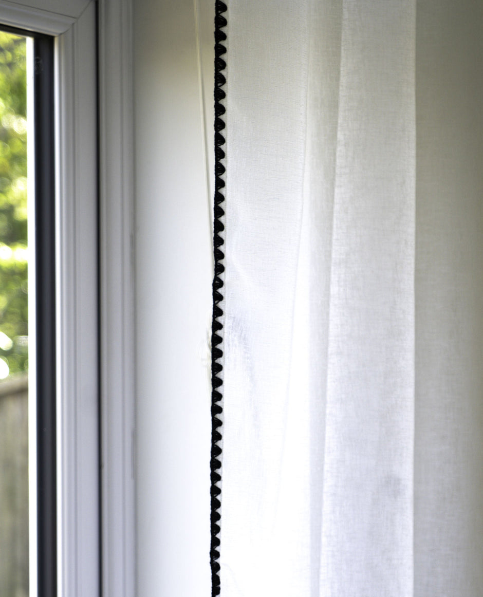 Onyx White Linen Look Panel With Black Embroidery Trim