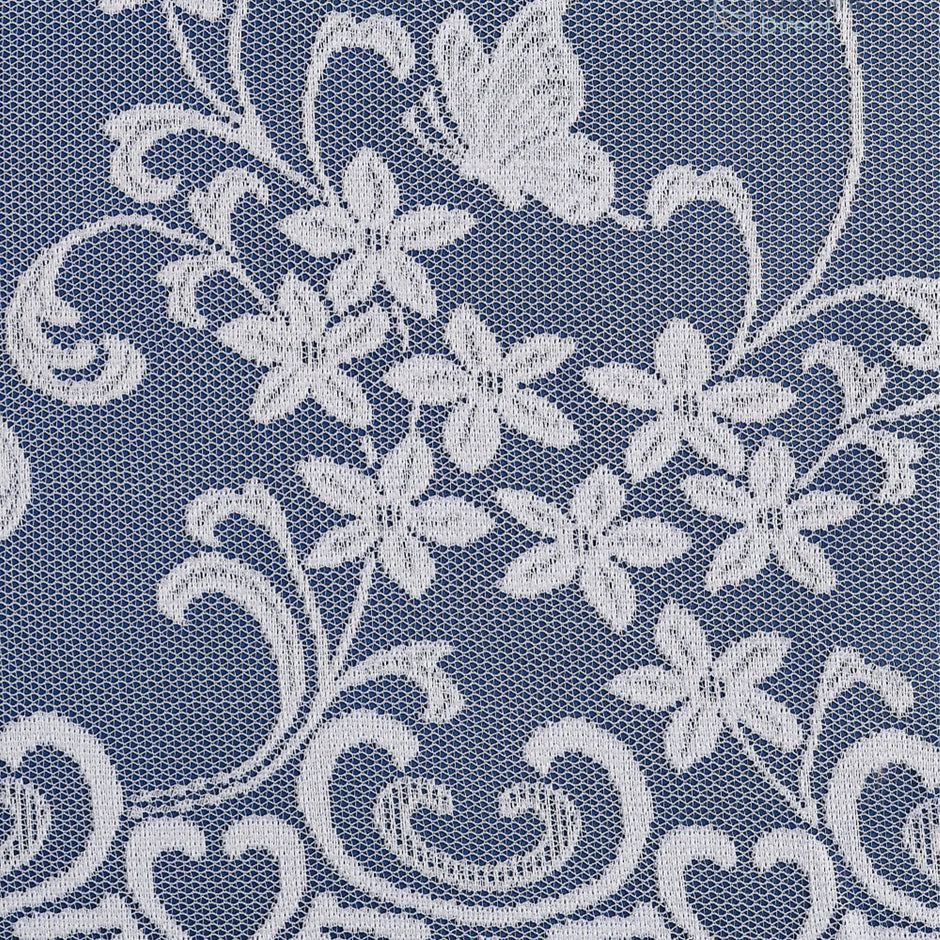 Lace fabric with floral and embroidered butterflies on a blue background