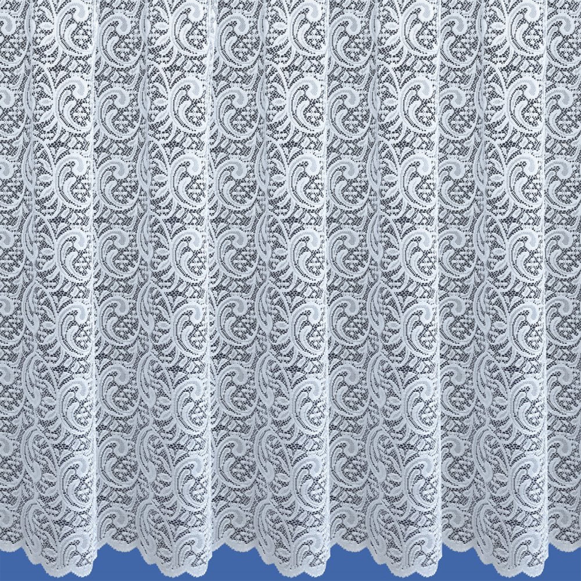 Lace curtain with intricate pattern on a blue background