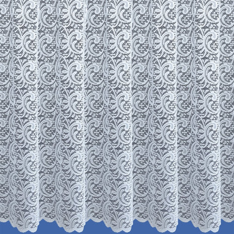Lace curtain with intricate pattern on a blue background
