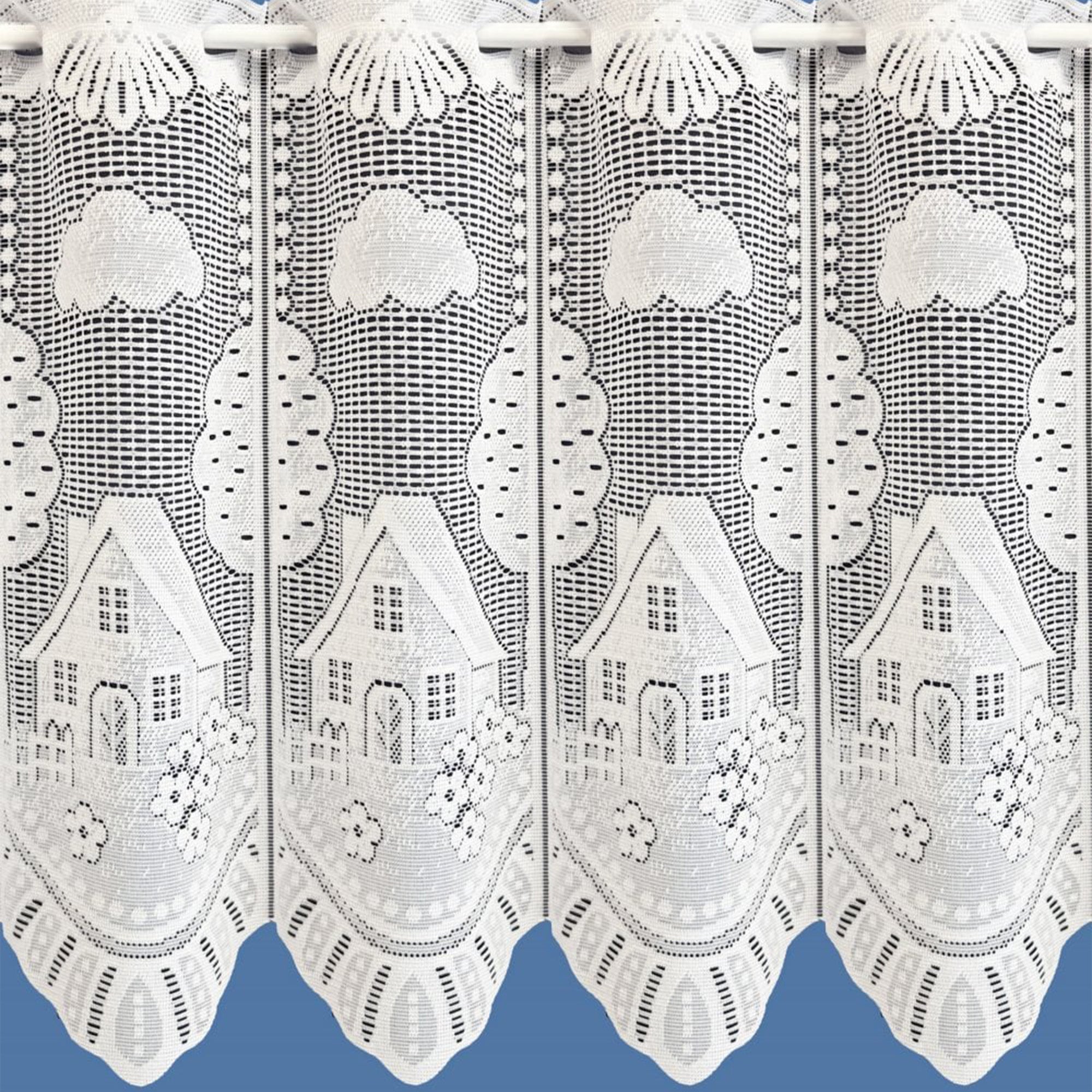 White net curtain with house and cloud pattern on a blue background