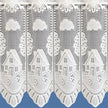 White net curtain with house and cloud pattern on a blue background