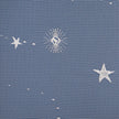 Pattern of stars and moons on lace curtains against a textured blue background