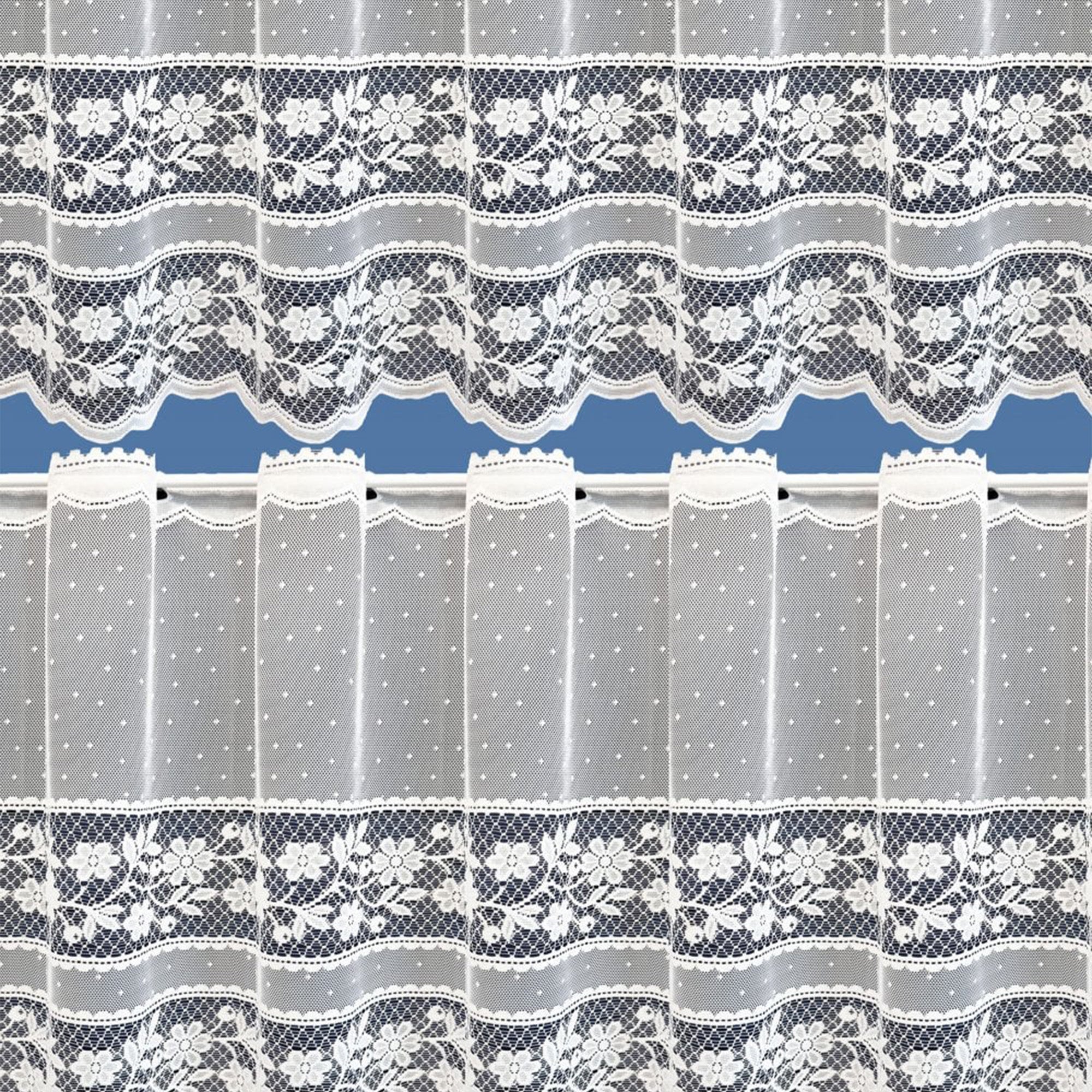 Lace curtain set with floral patterns and dots on a blue background