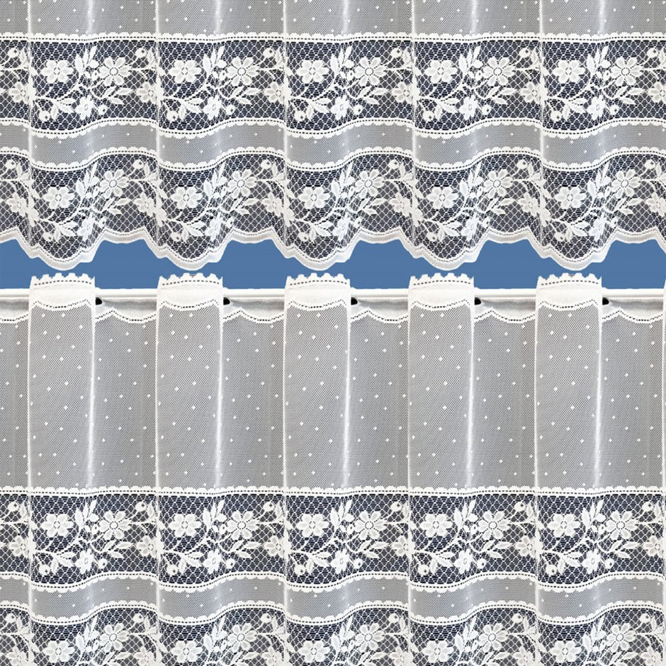 Lace curtain set with floral patterns and dots on a blue background
