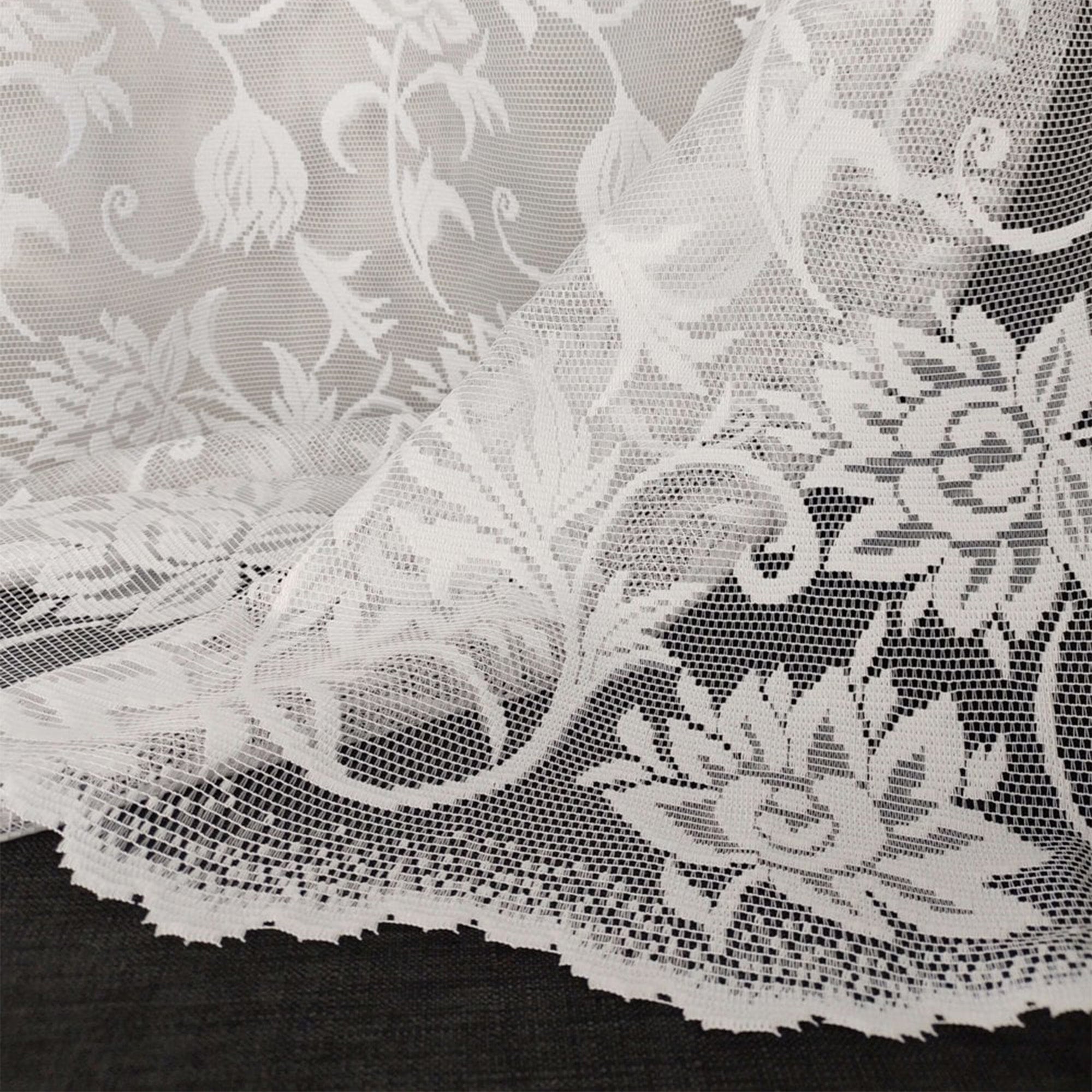 Close-up of white lace fabric with floral patterns on a black background