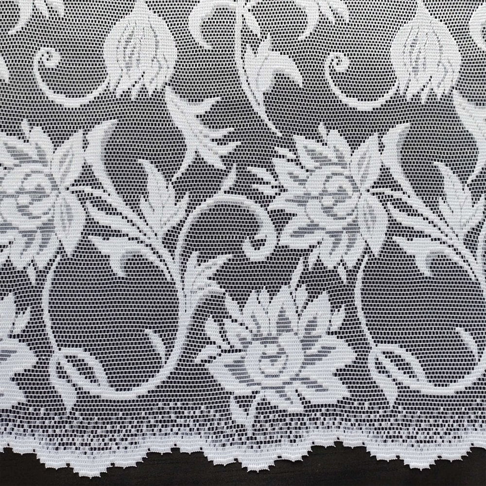 Close-up of white lace fabric with floral patterns on a black background
