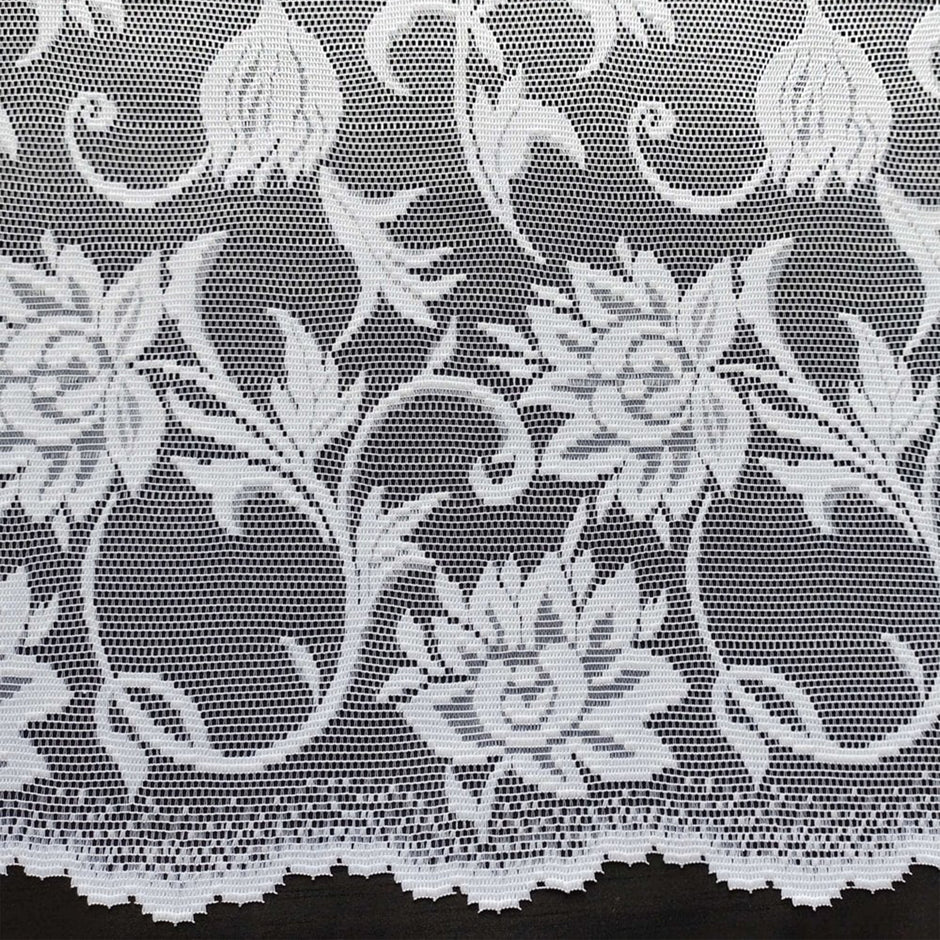 Close-up of white lace fabric with floral patterns on a black background