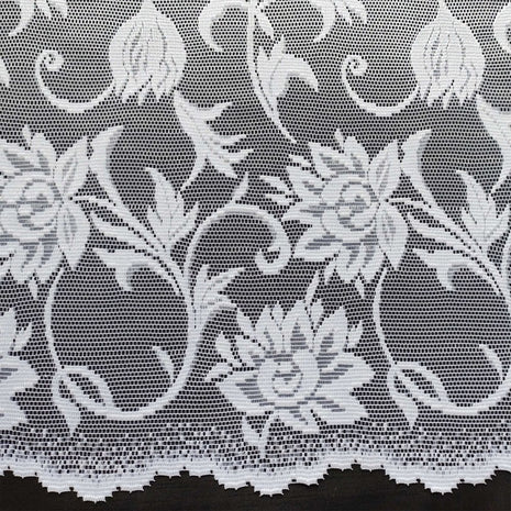 Close-up of white lace fabric with floral patterns on a black background