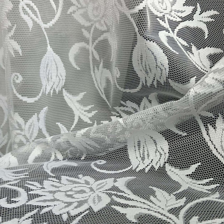 Close-up of floral lace fabric with intricate patterns.